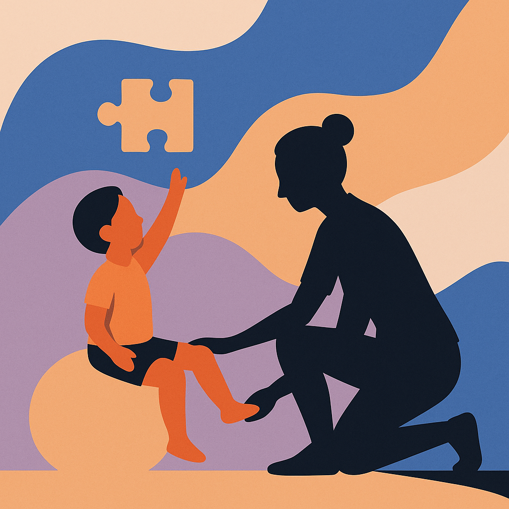 Illustration of therapist supporting a child with puzzle piece