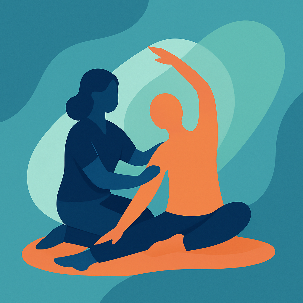 Illustration of physiotherapist assisting an adult in stretching